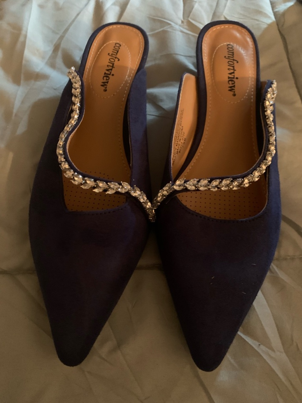 comfortview Navy Pointed Slip-On Mules with Crystal Chain NWOT